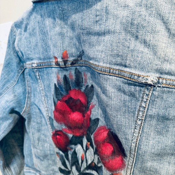 Pilcro Denim Jacket Floral Painted Jean Jacket Button Front Women's M - Picture 6 of 7